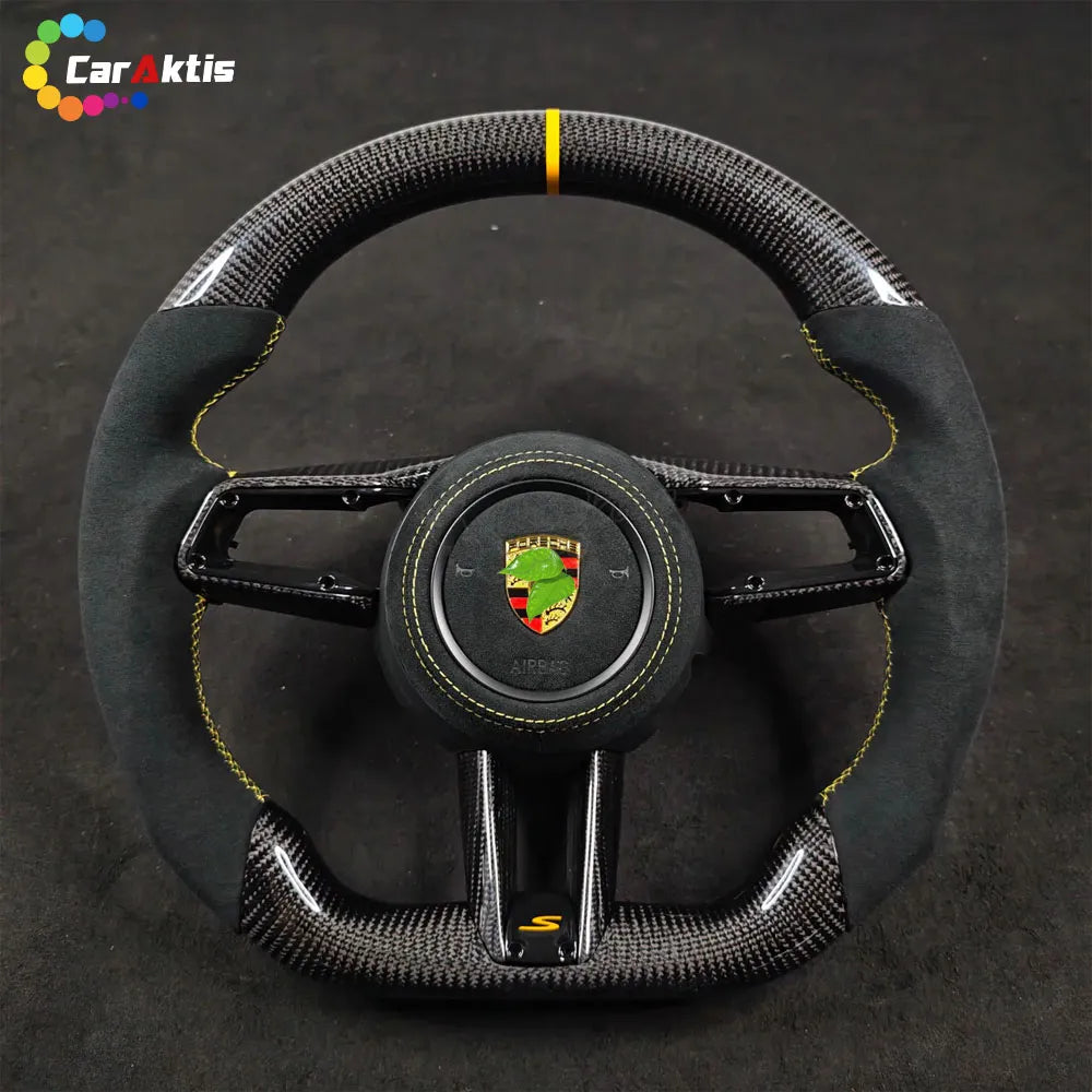 Flat-bottom Porsche 911 992 Carrera S custom steering wheel in carbon fiber and Alcantara with yellow 12 o&
