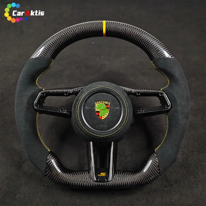 Flat-bottom Porsche 911 992 Carrera S custom steering wheel in carbon fiber and Alcantara with yellow 12 o&