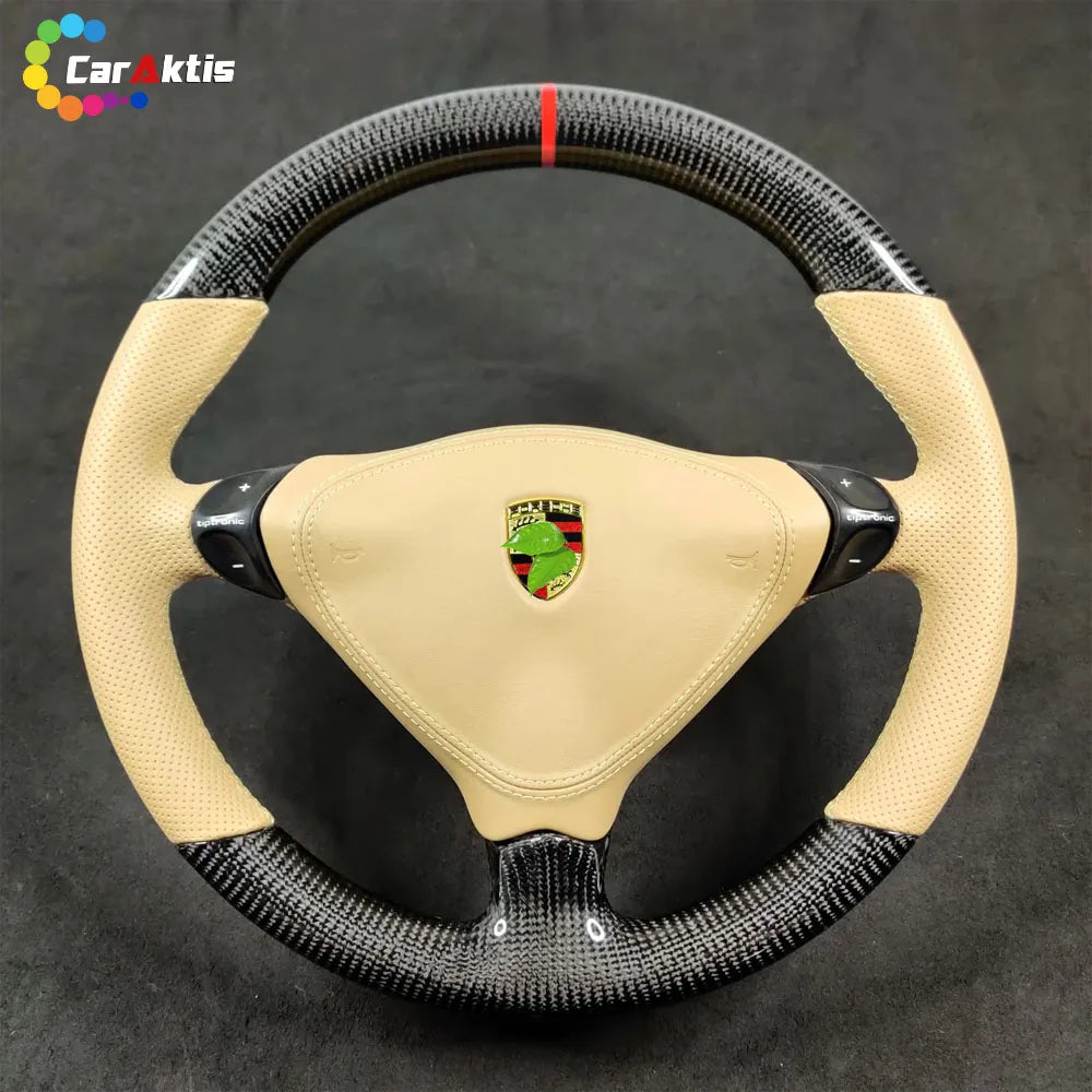 Custom Carbon Fiber Steering Wheel with Beige Perforated Leather and Red Center Stripe for Porsche 996 986 993.