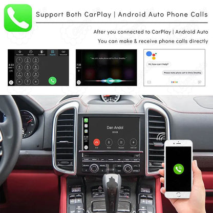 Making and receiving hands-free phone calls using Apple CarPlay and Android Auto on Porsche PCM screen.
