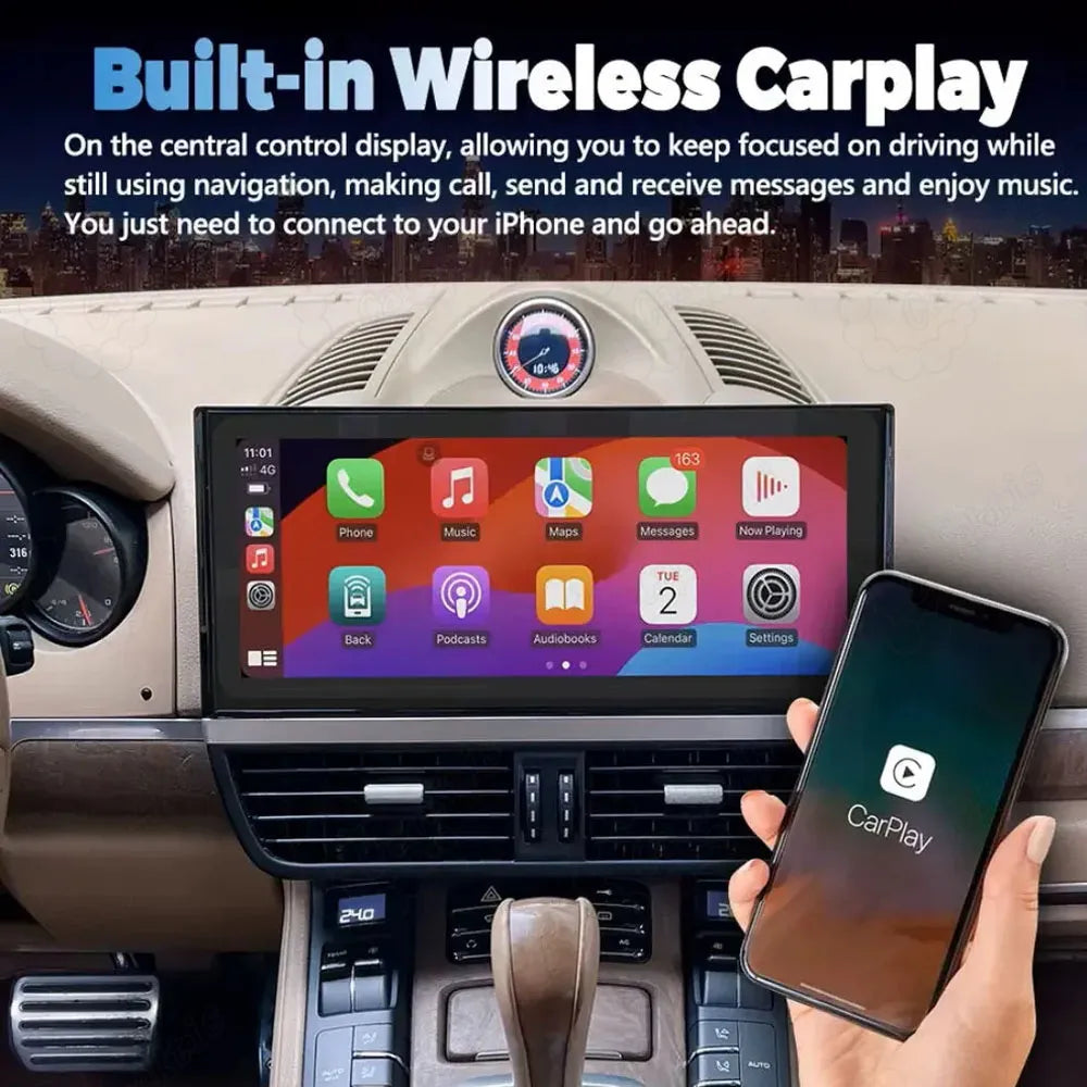 12.3 inch Porsche dashboard display showing built-in wireless Apple CarPlay interface with music, maps, and phone icons.