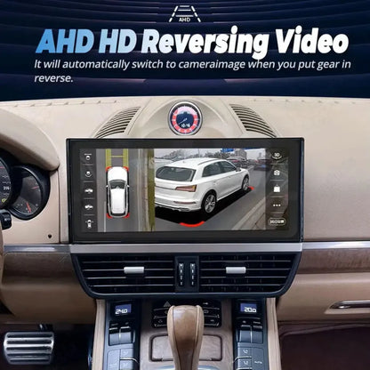 12.3 inch Android screen showing the factory reverse camera dynamic guidelines on a Porsche Cayenne 2013.