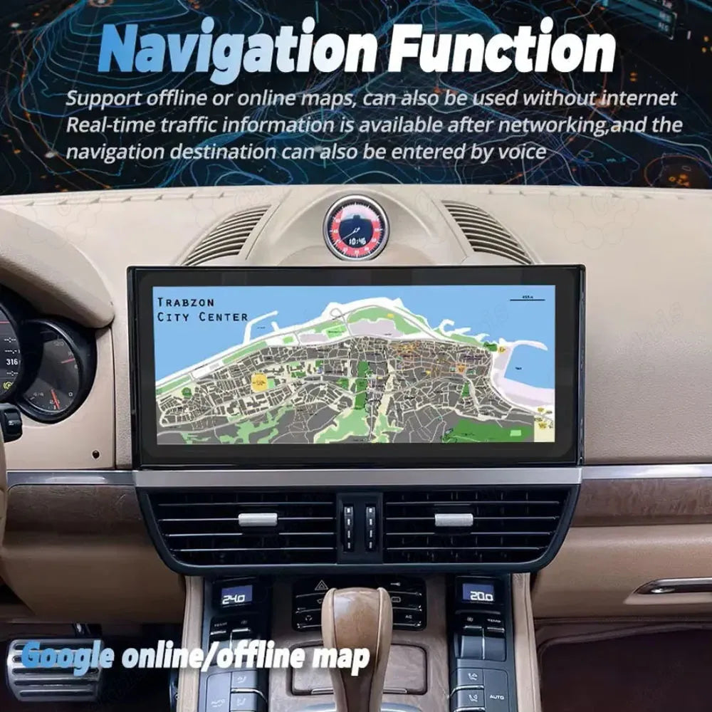 12.3 inch wide-screen display showing real-time Google Maps navigation on a Porsche Cayenne 2010-2017 Android head unit.