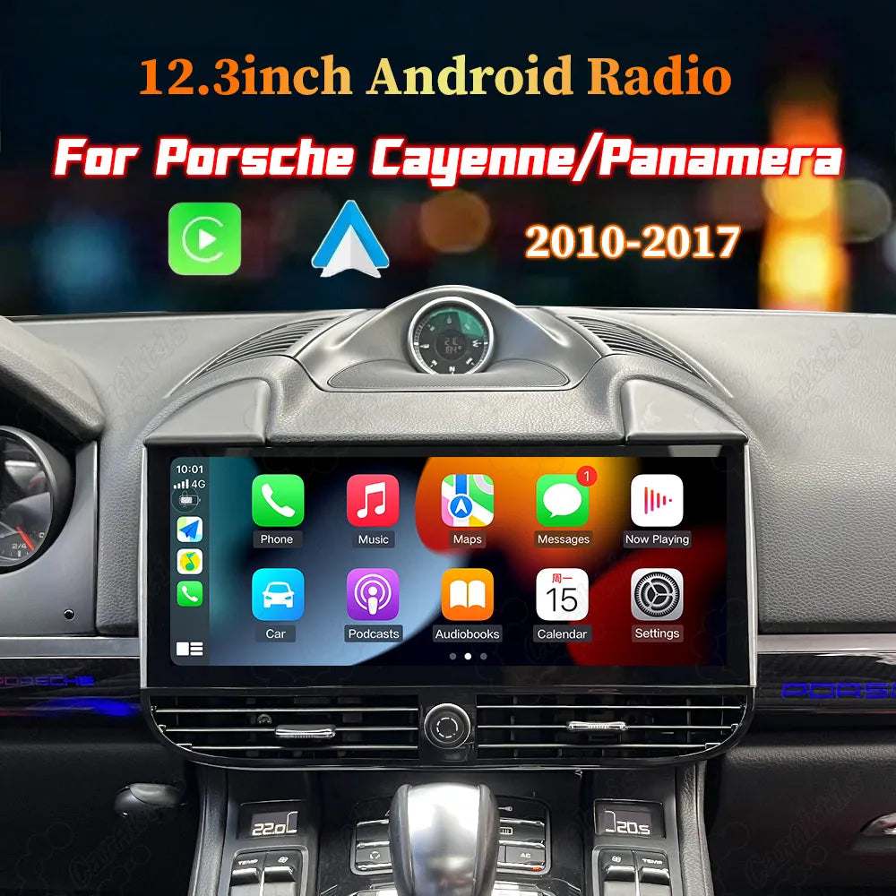12.3 inch Android car radio multimedia player installed in Porsche Cayenne dashboard, supporting wireless CarPlay and Android Auto.