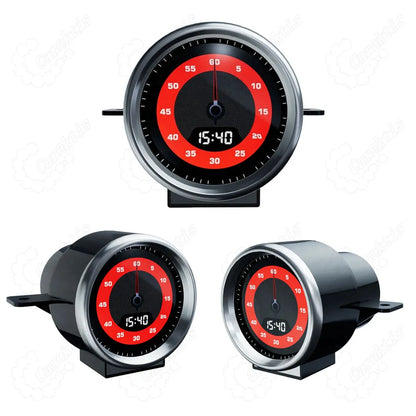 High-definition white background product photo of the dedicated LCD Chrono Stop Watch upgrade for Porsche Cayenne and Panamera. Shows intricate clock details and custom digital display.