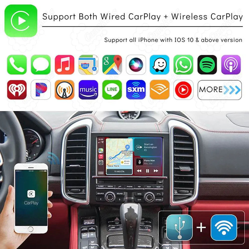 Porsche wireless and wired Apple CarPlay interface displaying compatible navigation, music, and messaging apps.