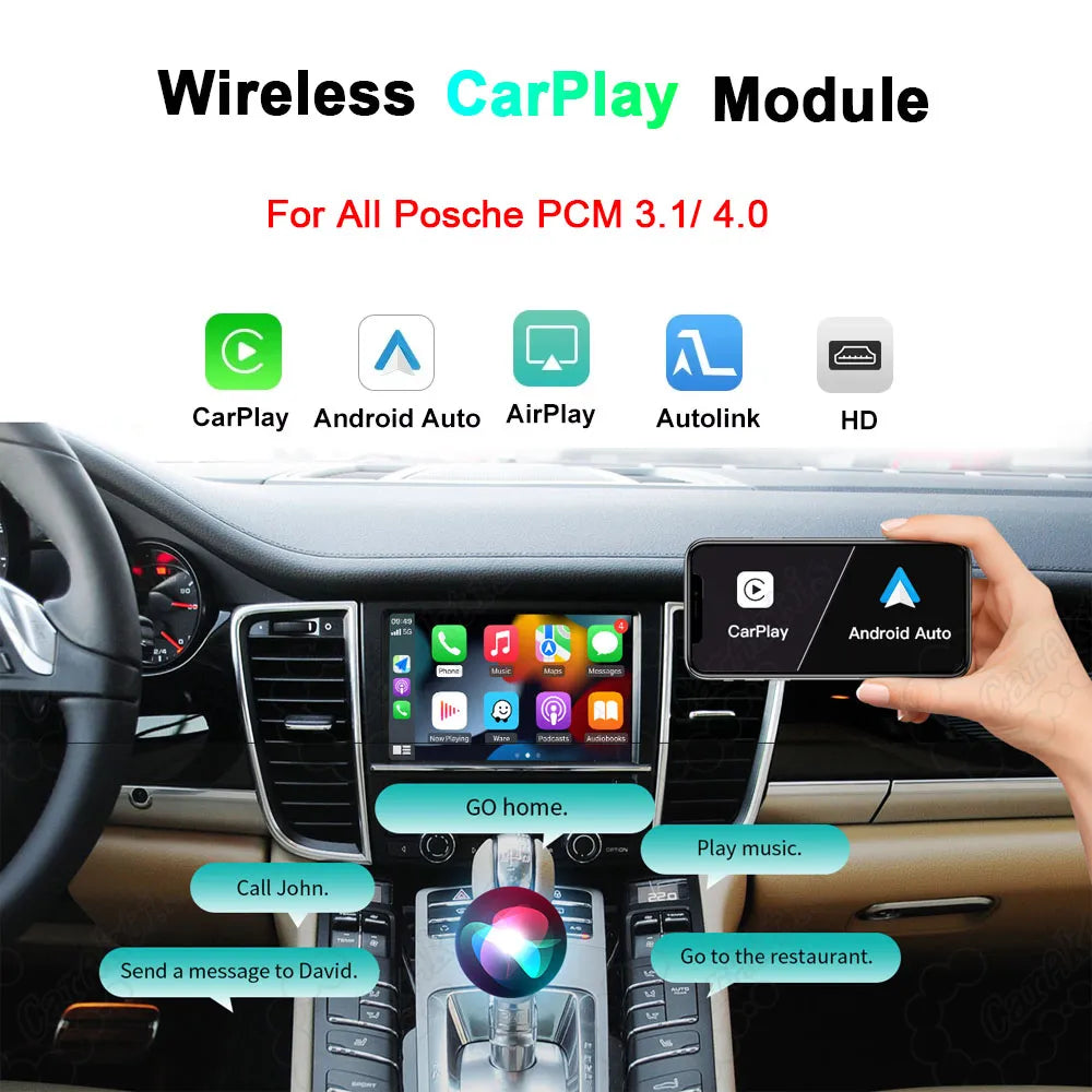 Wireless CarPlay and Android Auto module interface for Porsche PCM 3.1 and 4.0 system with voice control.