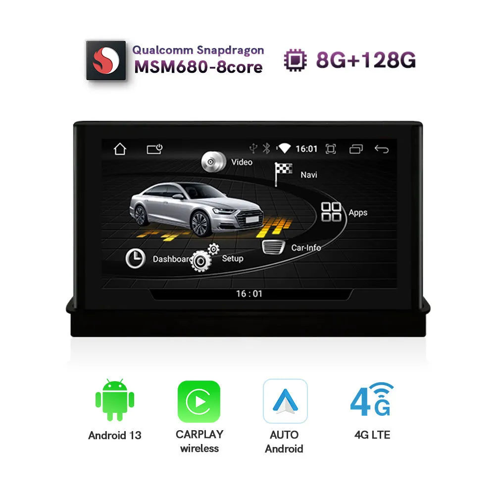 Qualcomm Snapdragon MSM680 8-core Android 13 car radio screen with 8GB RAM 128GB ROM, wireless CarPlay, and 4G LTE.