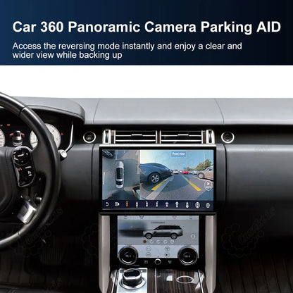 Car 360 panoramic camera parking aid displaying surround view and reversing mode on Range Rover screen.