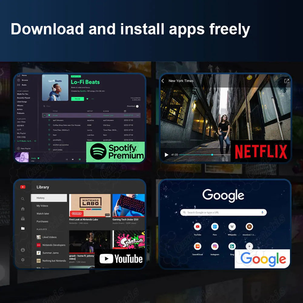 Range Rover Android display showing app downloads including Spotify, Netflix, YouTube, and Google.