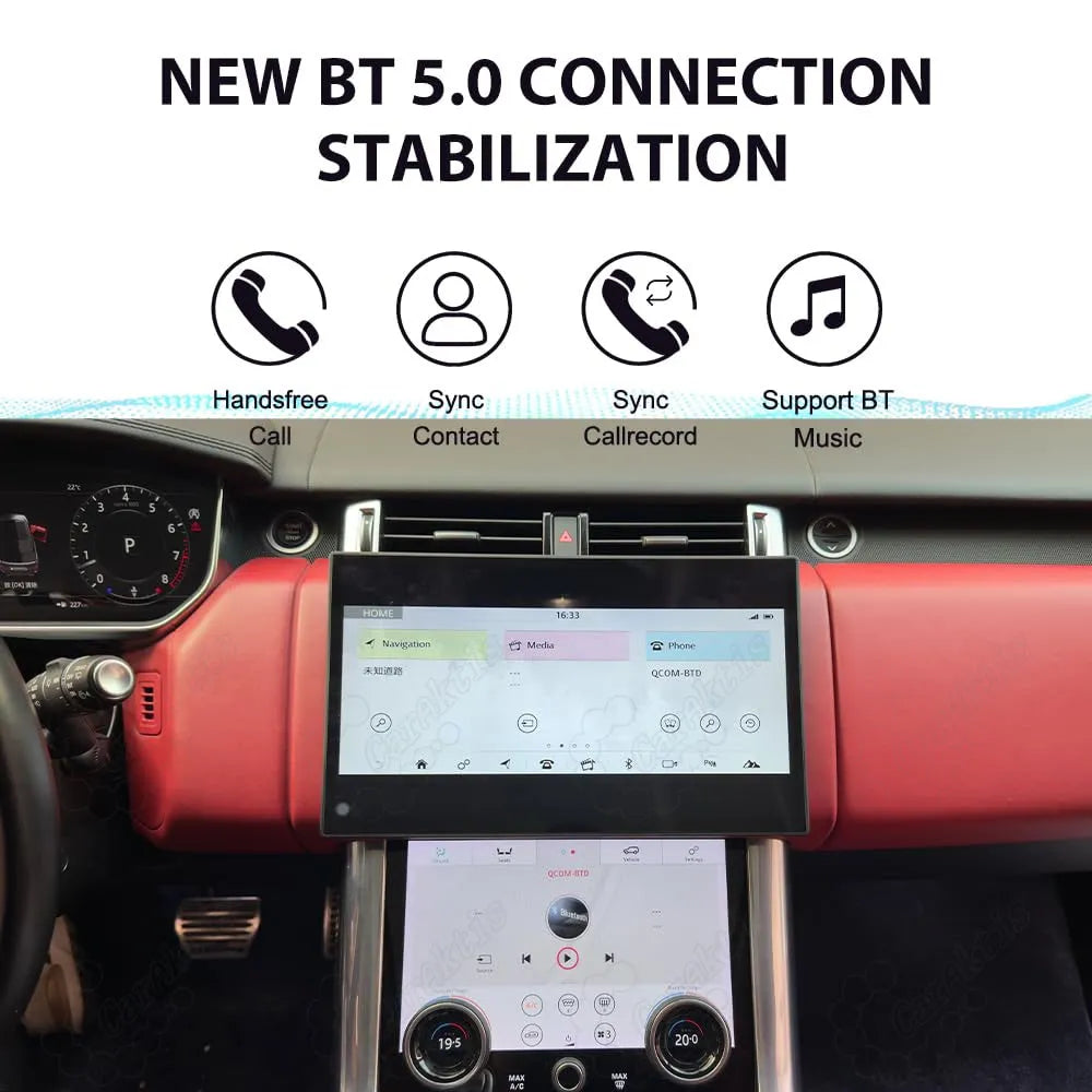 Bluetooth 5.0 wireless connection on Range Rover head unit supporting hands-free calling and music sync.