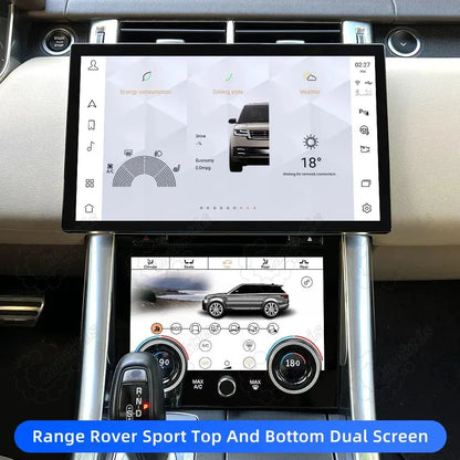 Range Rover Sport top and bottom dual screen upgrade displaying drive mode and AC climate control.