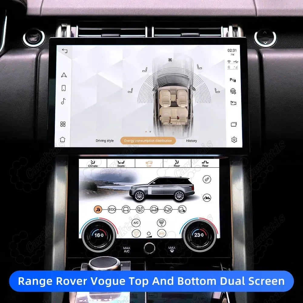 Range Rover Vogue top and bottom dual screen display showing vehicle status and climate control settings.