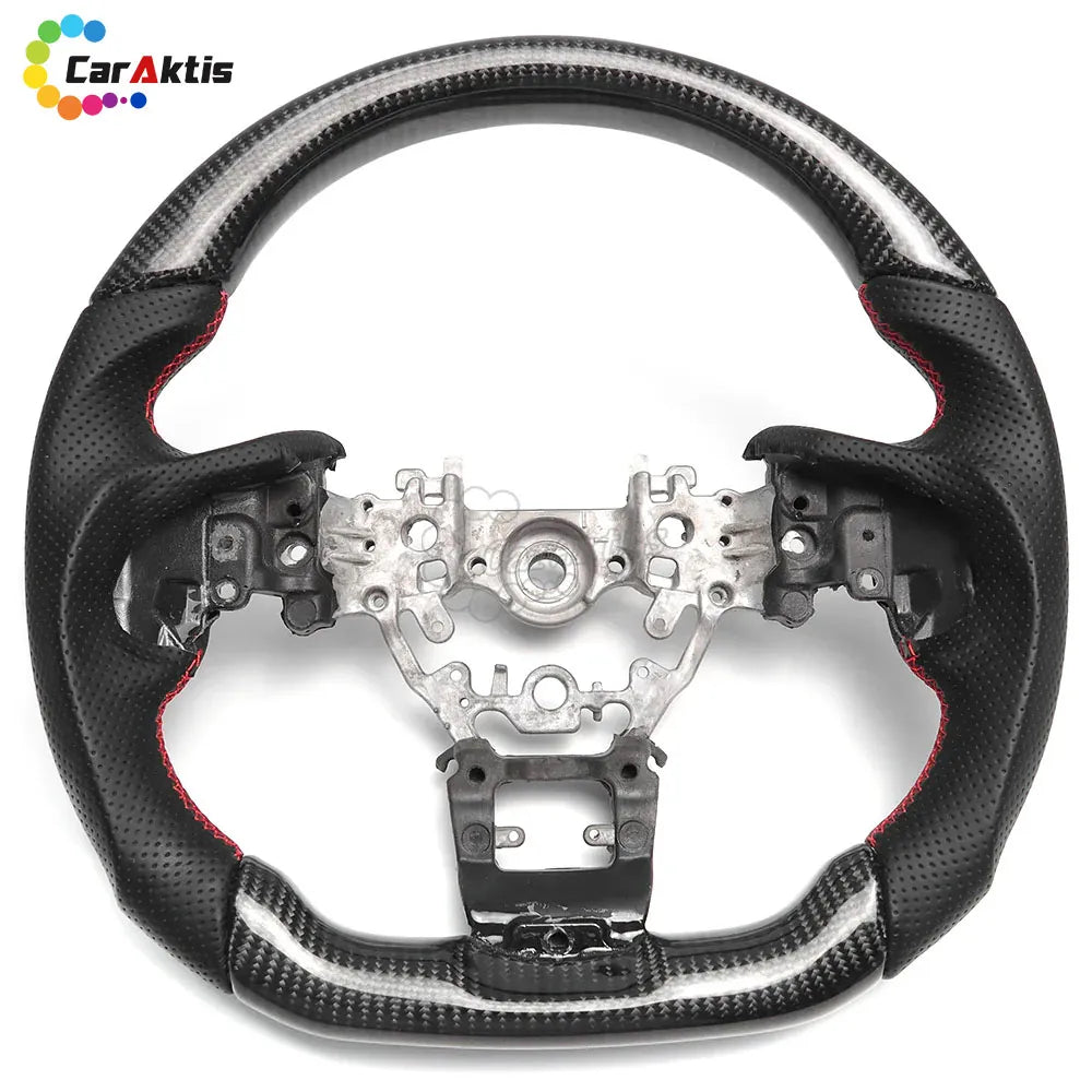Close-up of high-quality 3K twill carbon fiber weave on a performance steering wheel for Scion FR-S.