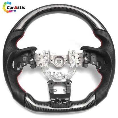 Close-up of high-quality 3K twill carbon fiber weave on a performance steering wheel for Scion FR-S.