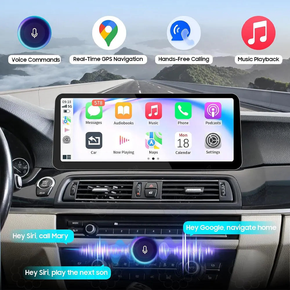 Smart car media system with voice commands like Siri and Google Assistant, real-time GPS navigation, hands-free calling, and music streaming.