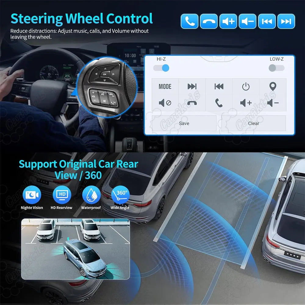 Car radio supporting original steering wheel button controls and 360 rear view backup camera input.