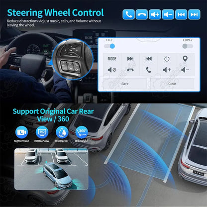 Car radio supporting original steering wheel button controls and 360 rear view backup camera input.