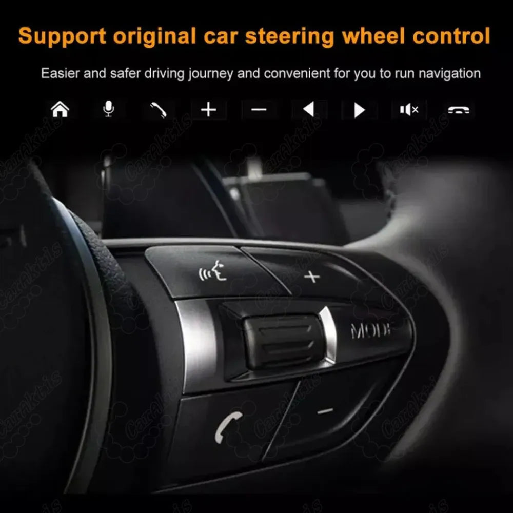 Close-up of car steering wheel controls supporting audio and navigation functions for safe driving.
