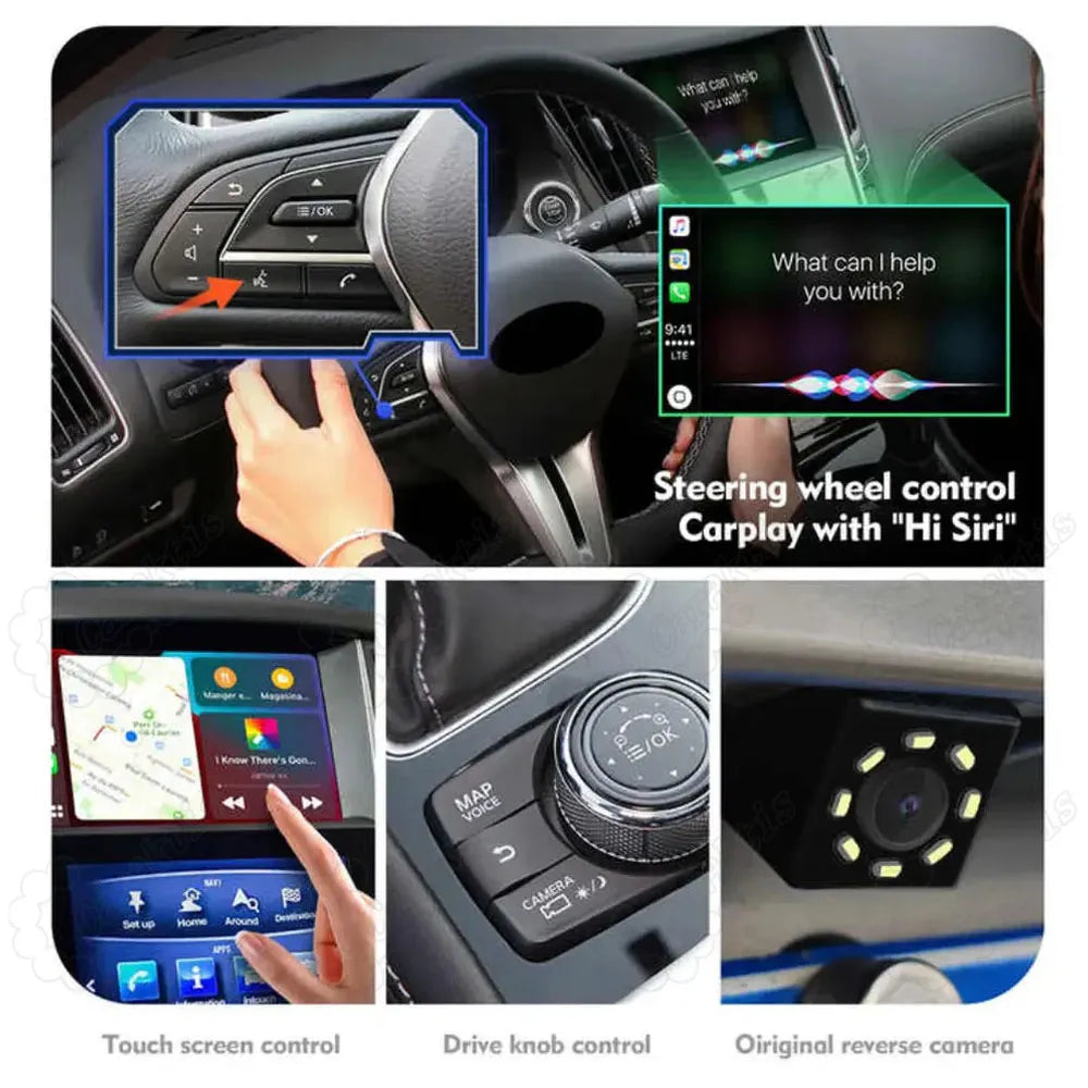 Infotainment control options including steering wheel voice button, touch screen navigation, center console drive knob control, and original reverse camera integration.