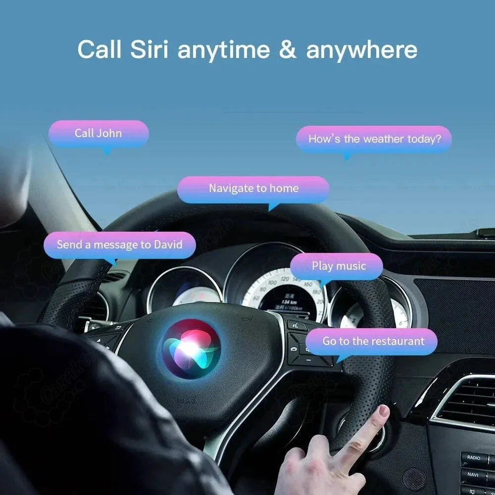 Driver using steering wheel voice control button to activate Siri, with prompts for navigation, making calls, sending messages, and playing music.