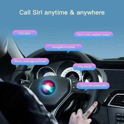 Driver using steering wheel voice control button to activate Siri, with prompts for navigation, making calls, sending messages, and playing music.
