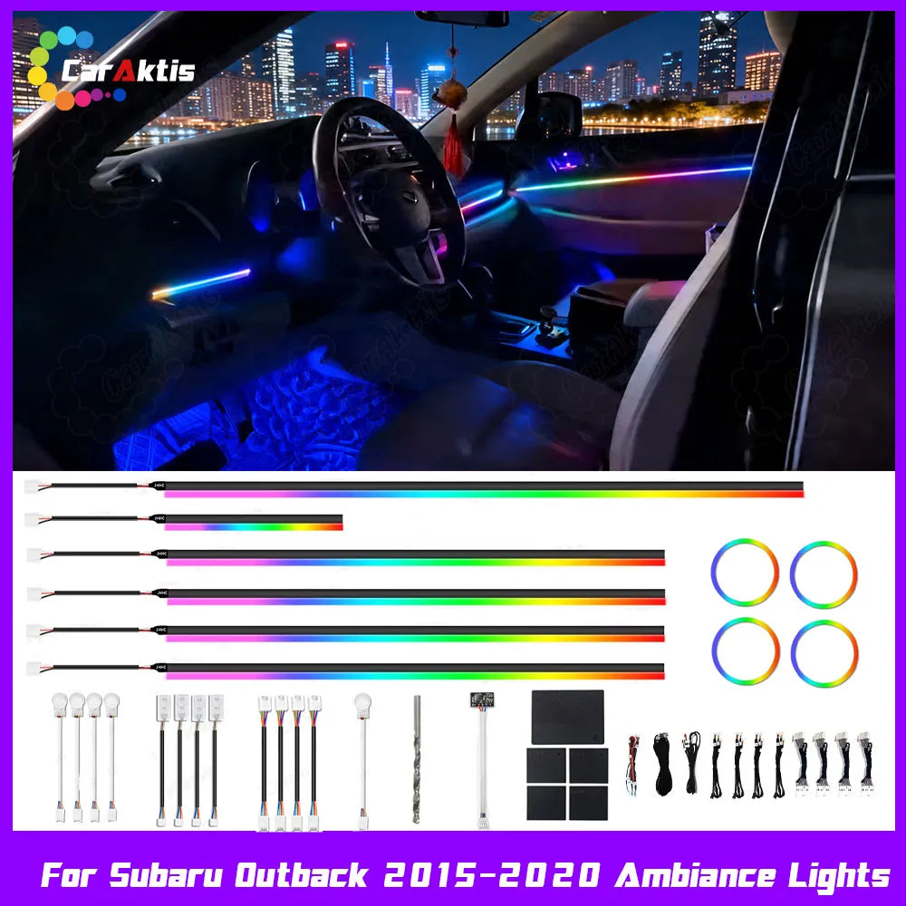 Dynamic flowing RGB ambient interior lighting kit for Subaru Outback 2015-2020, showing colorful LED strips integrated into the dashboard and doors.