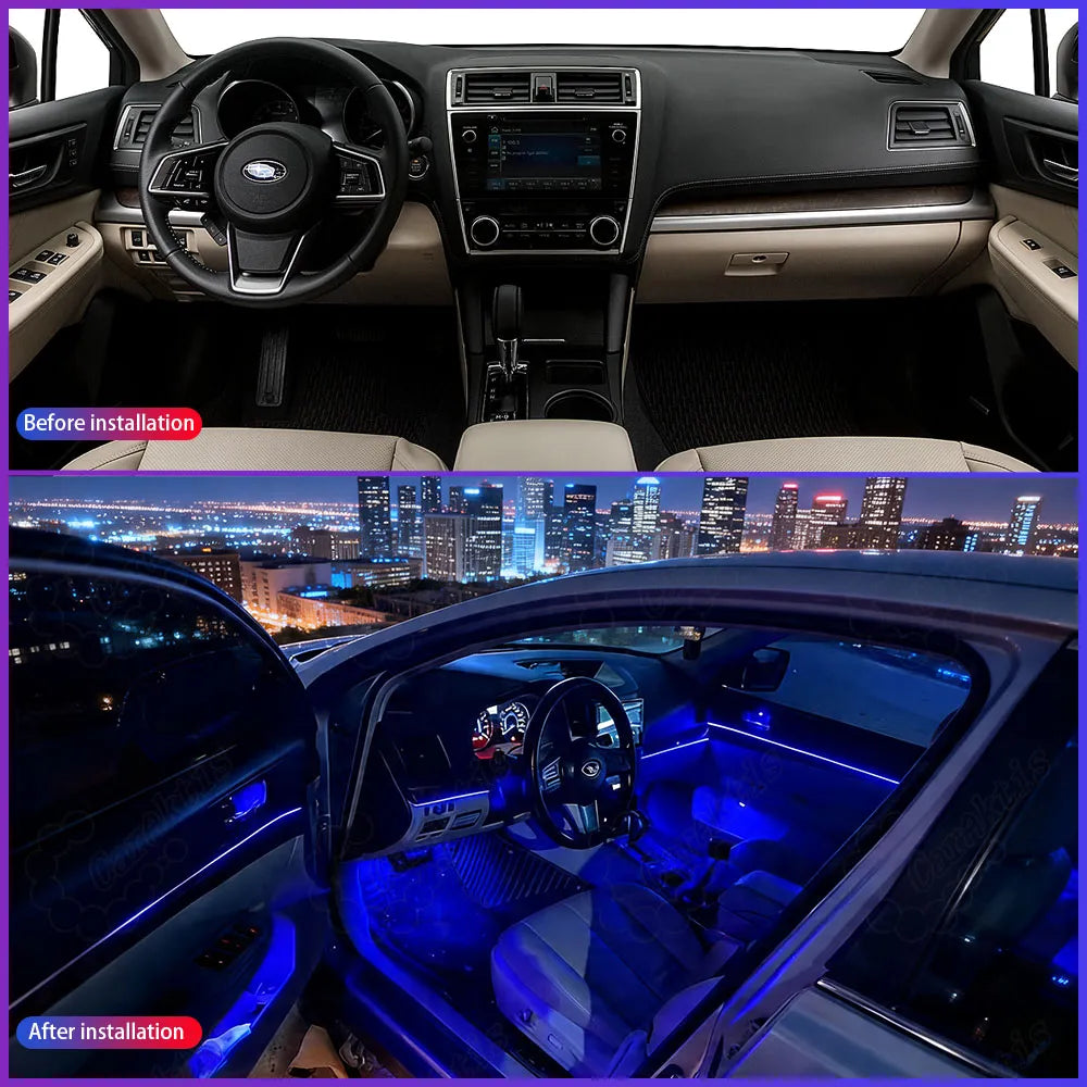 Side-by-side comparison of Subaru Outback interior: the dark original factory cabin vs. the premium look after installing dynamic symphony LED ambient lights.
