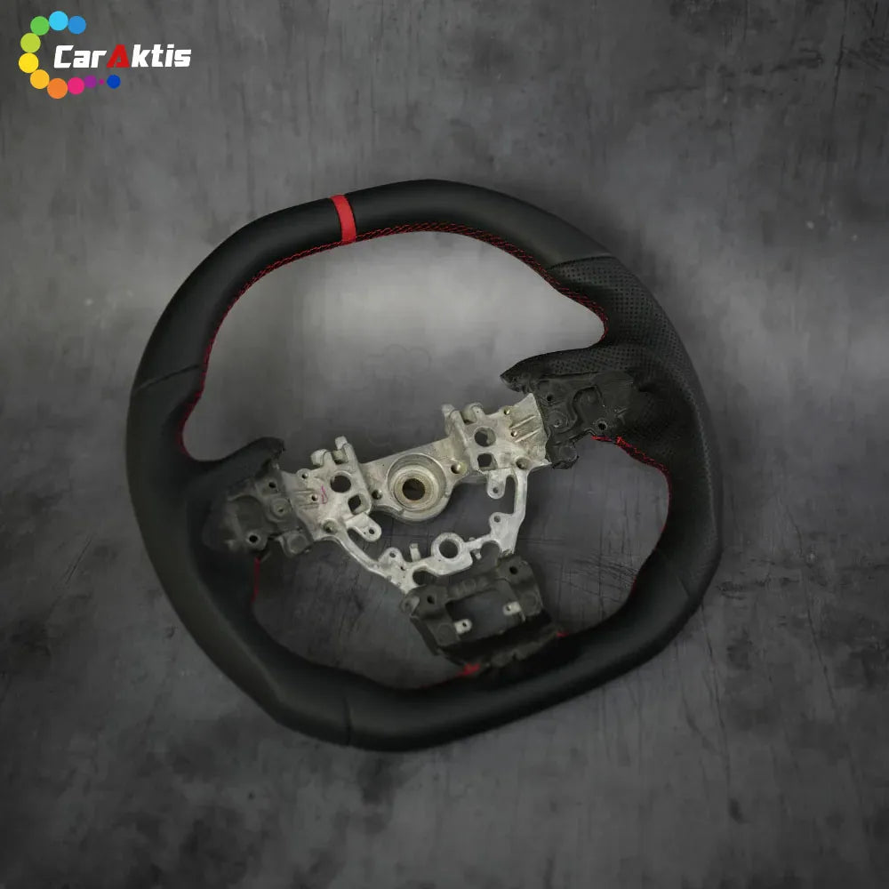 Bare Core Custom Steering Wheel for Subaru WRX 2022+ featuring Black Perforated Leather and Red Center Stripe.