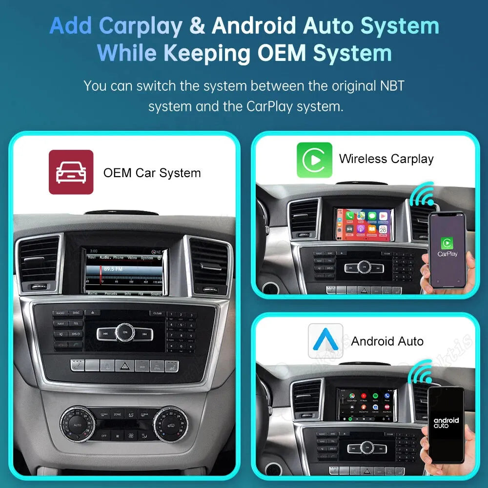 Multi-window graphic showing seamless toggling between the factory Mercedes OEM radio display interface and the upgraded wireless CarPlay or Android Auto screen layout.