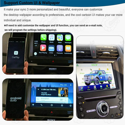 Demonstration of custom UI and wallpaper support on the 8-inch SYNC 3 screen, displaying examples of personalized truck wallpaper, connected Apple CarPlay on an iPhone, and Android Auto interface.
