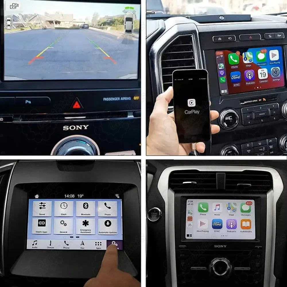 Real car installation views of the 8-inch SYNC 3 upgrade kit in Ford dashboards, displaying the backup camera screen with parking guidelines, Apple CarPlay connectivity, and settings menu under the Sony audio trim.