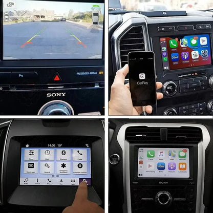 Real car installation views of the 8-inch SYNC 3 upgrade kit in Ford dashboards, displaying the backup camera screen with parking guidelines, Apple CarPlay connectivity, and settings menu under the Sony audio trim.