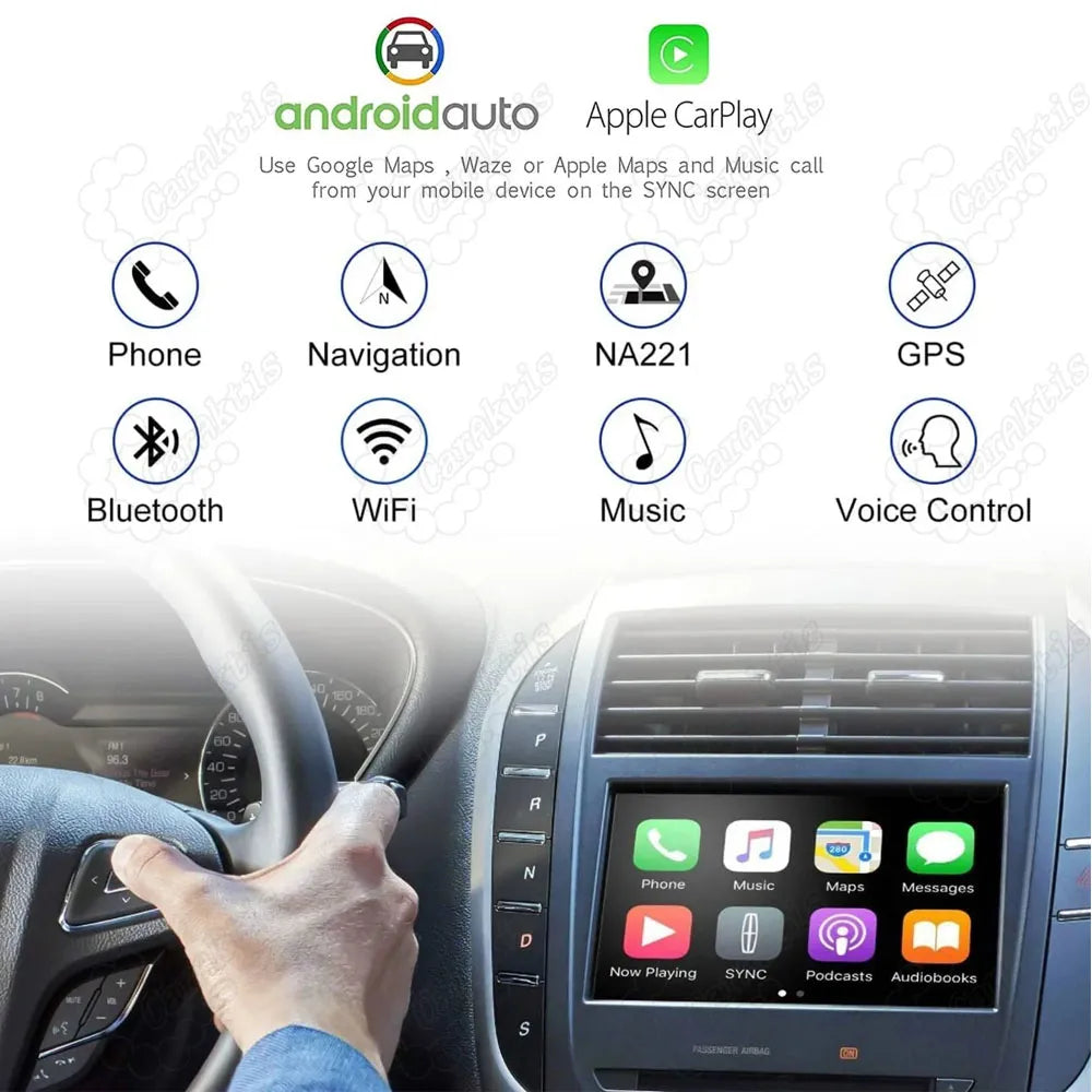 Infotainment system features of the SYNC 3 upgrade kit showing Apple CarPlay UI on the screen, highlighting compatibility with Android Auto, Google Maps, navigation, Bluetooth, WiFi, music streaming, and voice control.
