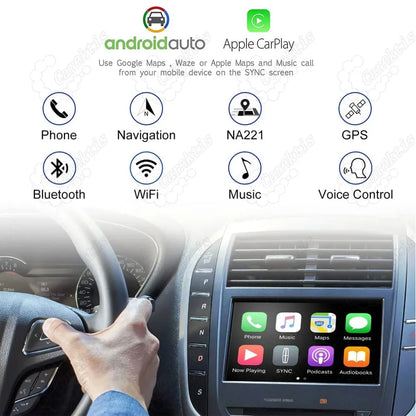 Infotainment system features of the SYNC 3 upgrade kit showing Apple CarPlay UI on the screen, highlighting compatibility with Android Auto, Google Maps, navigation, Bluetooth, WiFi, music streaming, and voice control.