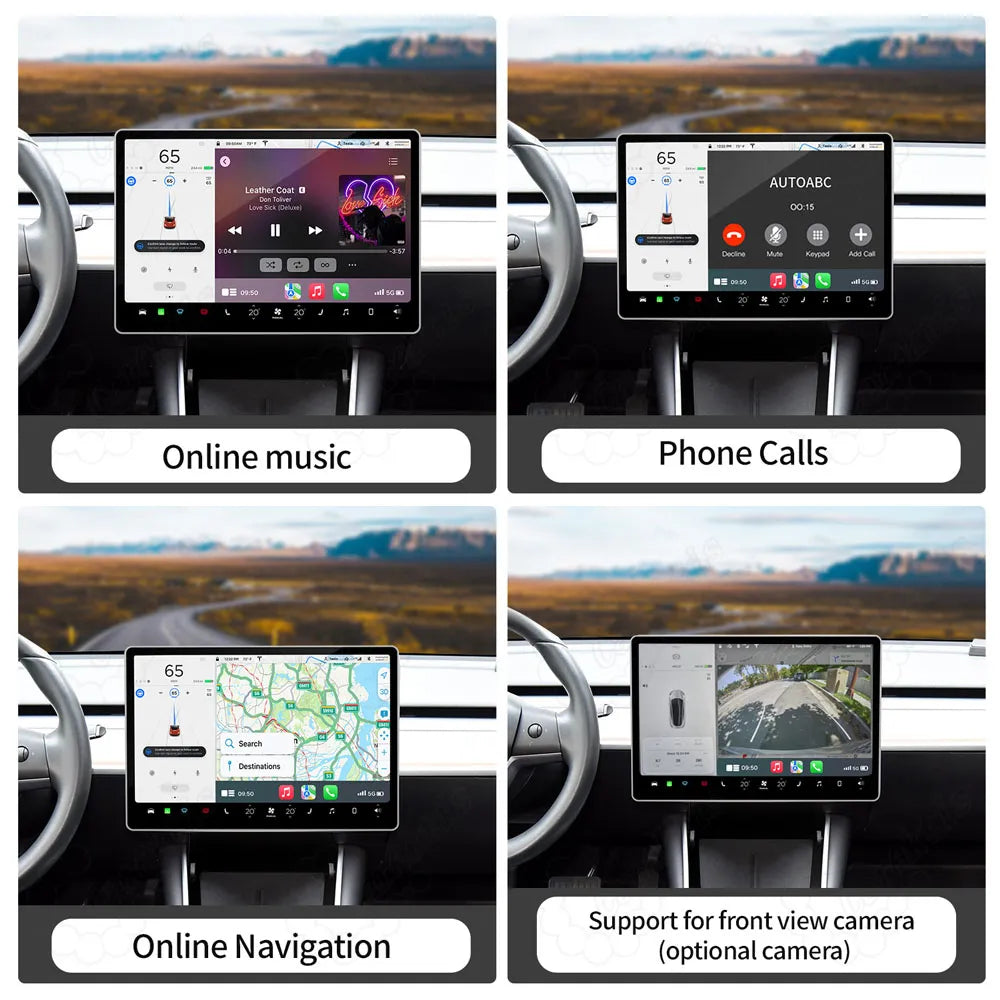 Tesla CarPlay upgrade screen features including online music, hands-free phone calls, navigation maps, and front view camera support.