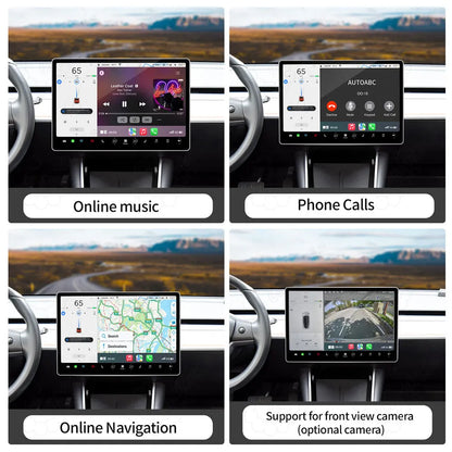 Tesla CarPlay upgrade screen features including online music, hands-free phone calls, navigation maps, and front view camera support.