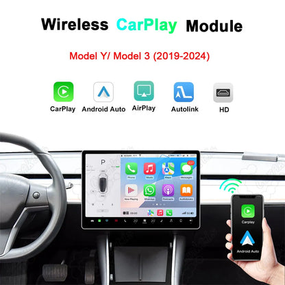 Wireless Apple CarPlay and Android Auto retrofit module for Tesla Model Y and Model 3 with AirPlay support.