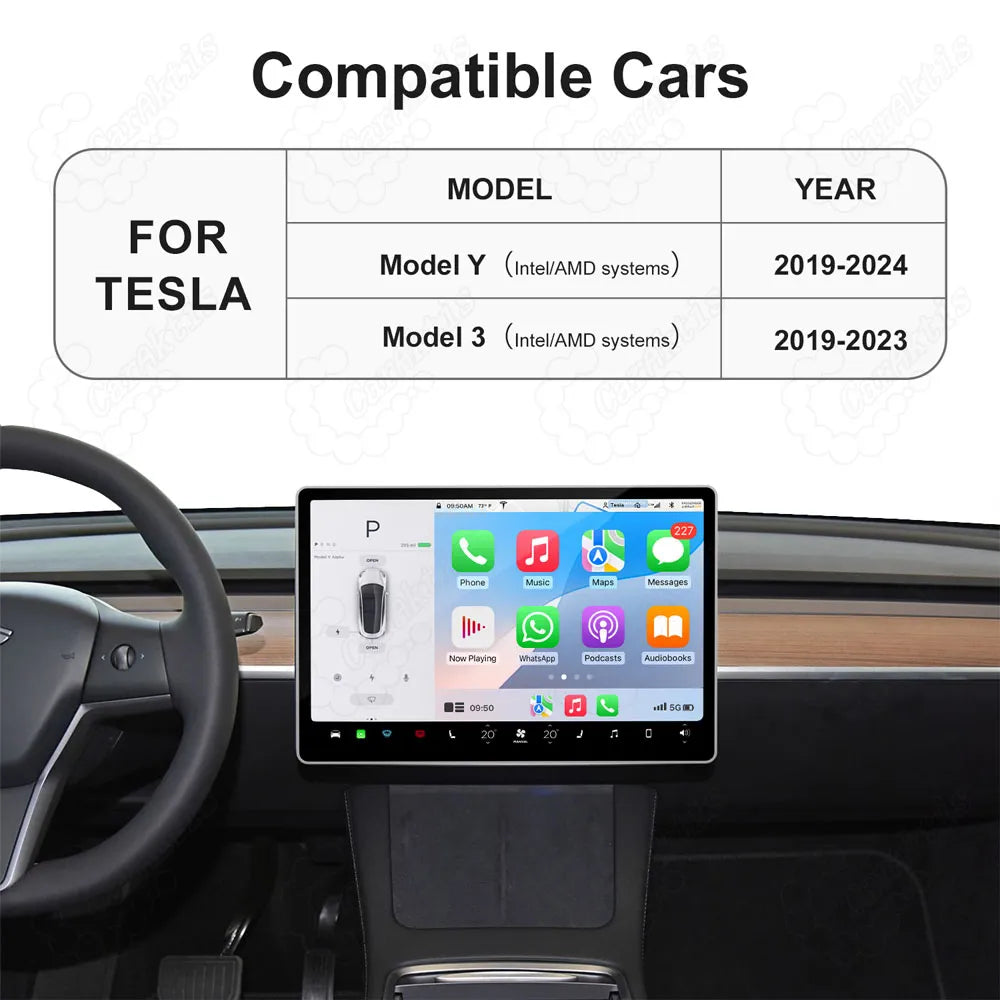 Compatibility chart showing the CarPlay module fits Tesla Model Y and Model 3 with Intel or AMD processor systems.