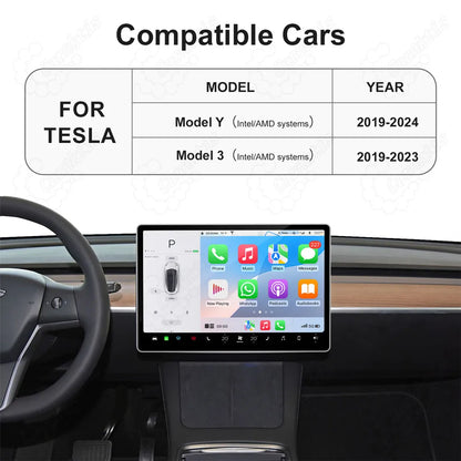 Compatibility chart showing the CarPlay module fits Tesla Model Y and Model 3 with Intel or AMD processor systems.