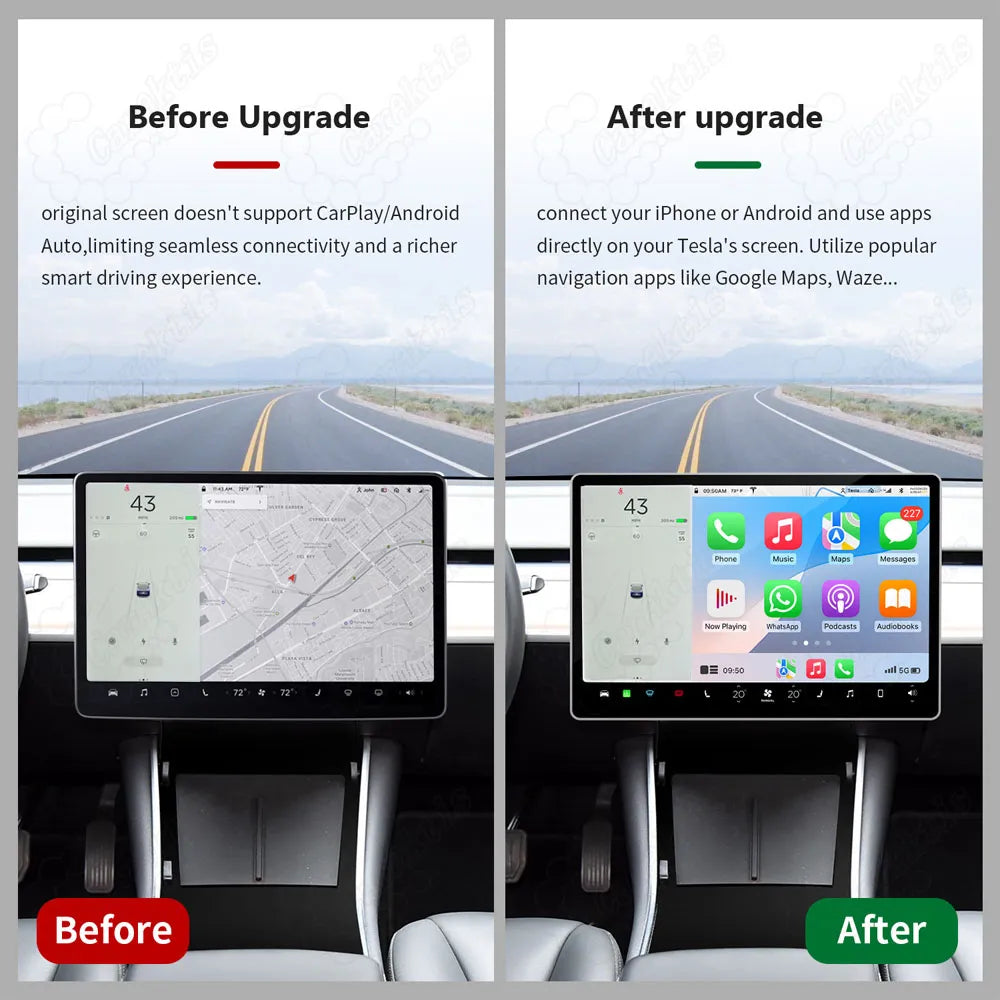 Before and after installation comparison of upgrading a factory Tesla screen with wireless Apple CarPlay and Android Auto.