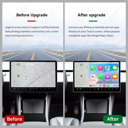 Before and after installation comparison of upgrading a factory Tesla screen with wireless Apple CarPlay and Android Auto.