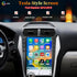 Installed Tesla-style vertical Android touchscreen car stereo showing smart app menu.