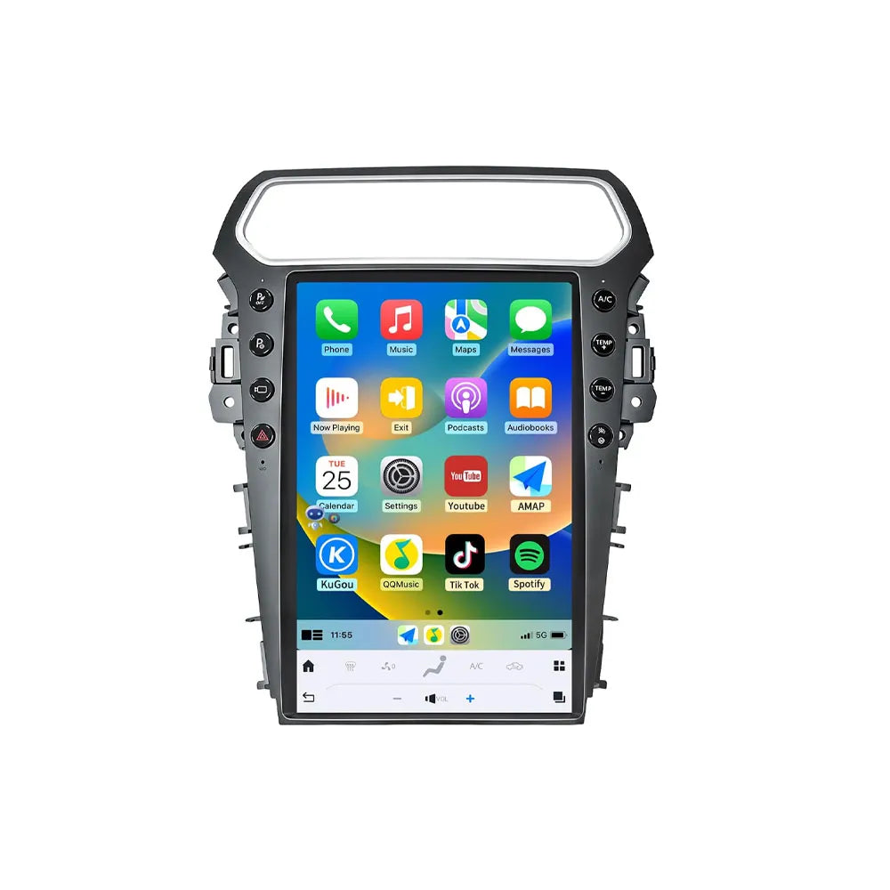 Vertical Tesla-style Android car stereo main unit with custom dashboard bezel.