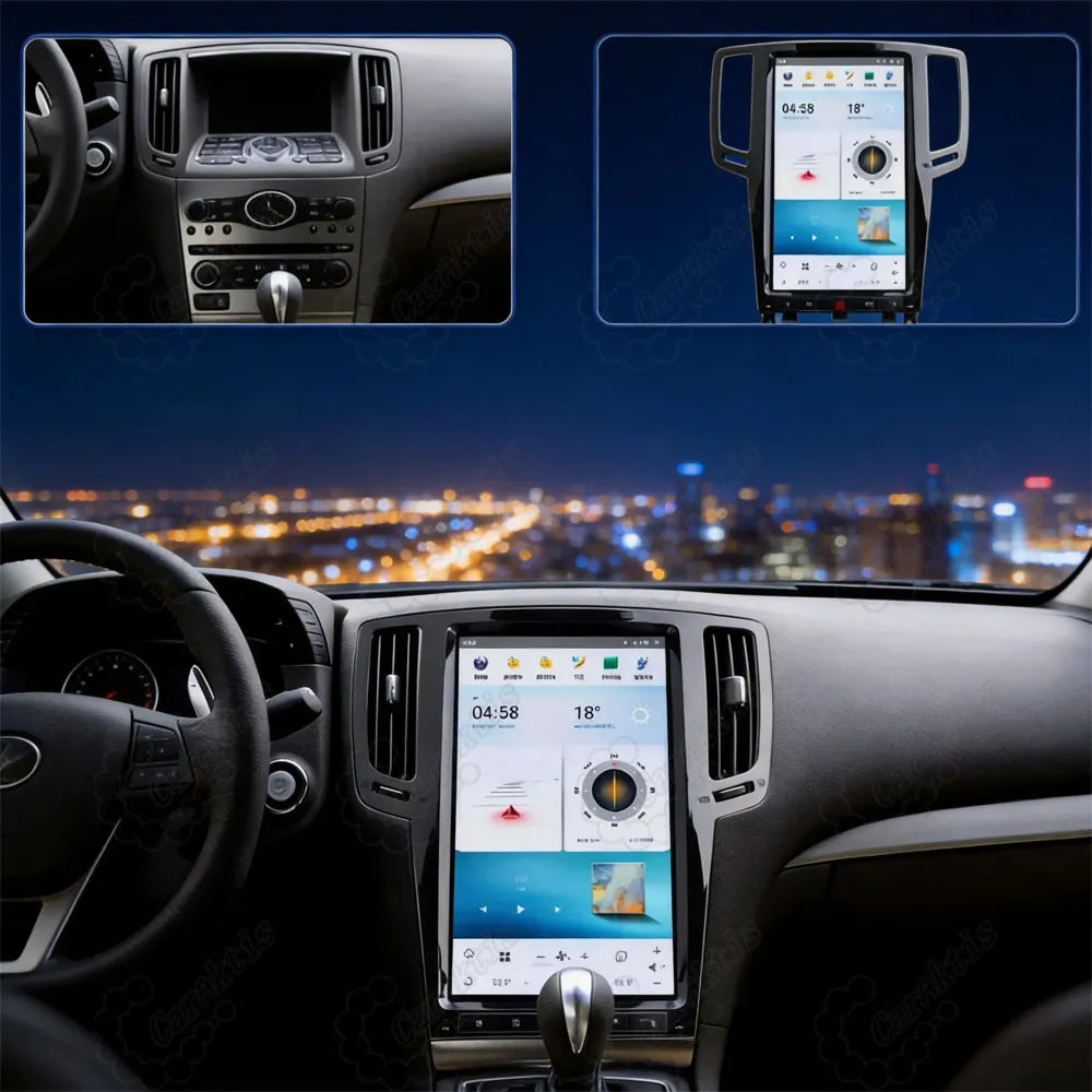 Before and after installation comparison of vertical Android touchscreen head unit in car dashboard