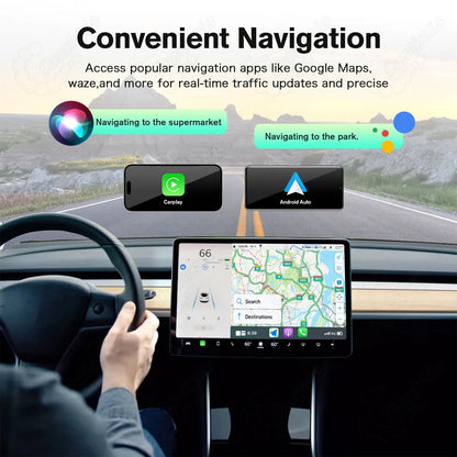 Convenient real-time GPS navigation using Google Maps and Waze via wireless CarPlay and Android Auto on Tesla dashboard.