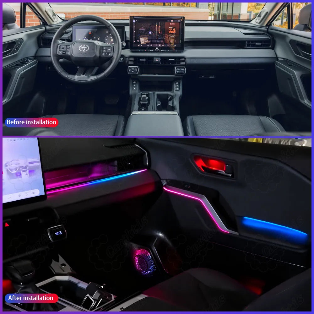 Side-by-side comparison of 2026 Toyota RAV4 interior before and after installing dynamic LED ambient lighting.