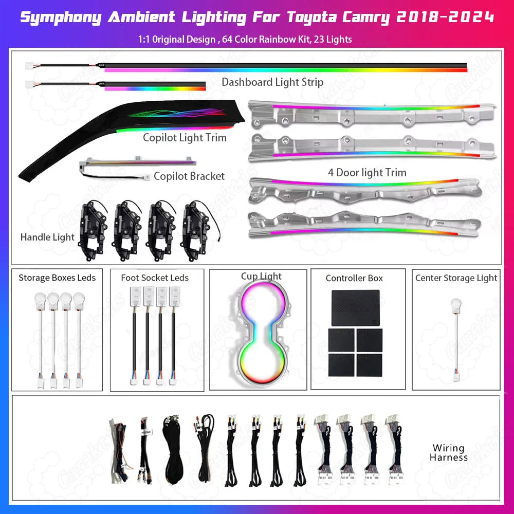 64-color dynamic ribbon style ambient light kit for Toyota Camry 2018-2024 (8th Gen), laser-carved car interior atmosphere lighting product list.