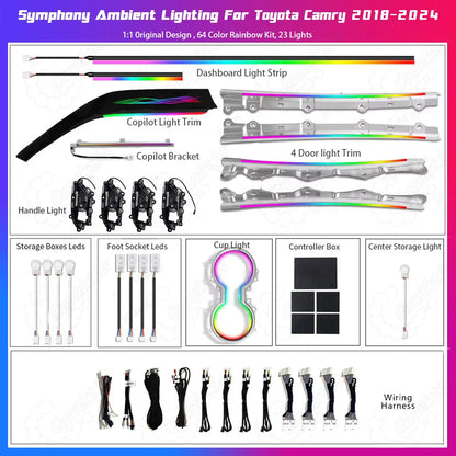 64-color dynamic ribbon style ambient light kit for Toyota Camry 2018-2024 (8th Gen), laser-carved car interior atmosphere lighting product list.