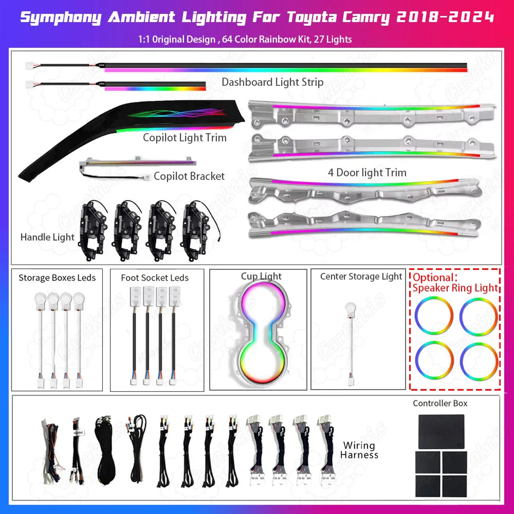 Complete Set of Camry Ribbon-Style Accessories
Full kit of 64-color dynamic ribbon style ambient light with illuminated speaker rings for Toyota Camry 2018-2024 (8th Gen), complete car interior atmosphere lighting package, isolated on a white background.